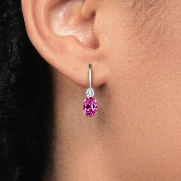 18K White Gold with 1.07 Cttw Pink Sapphire and Diamond Leverback Drop Earrings - Picture 3 of 5